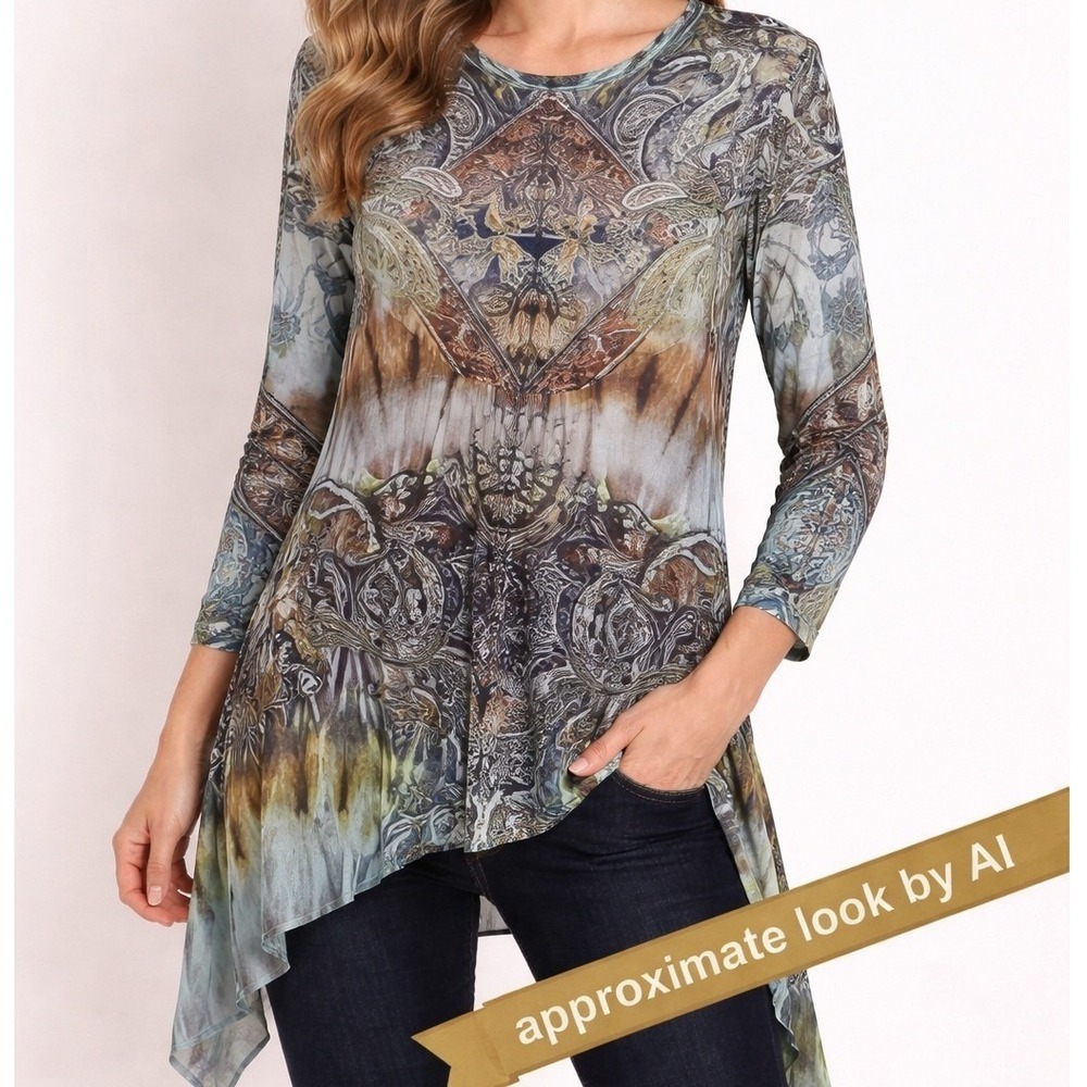 World Unity Woman Paisley Sharkbite Tunic Top Blue Purple Rhinestone Plus 0X